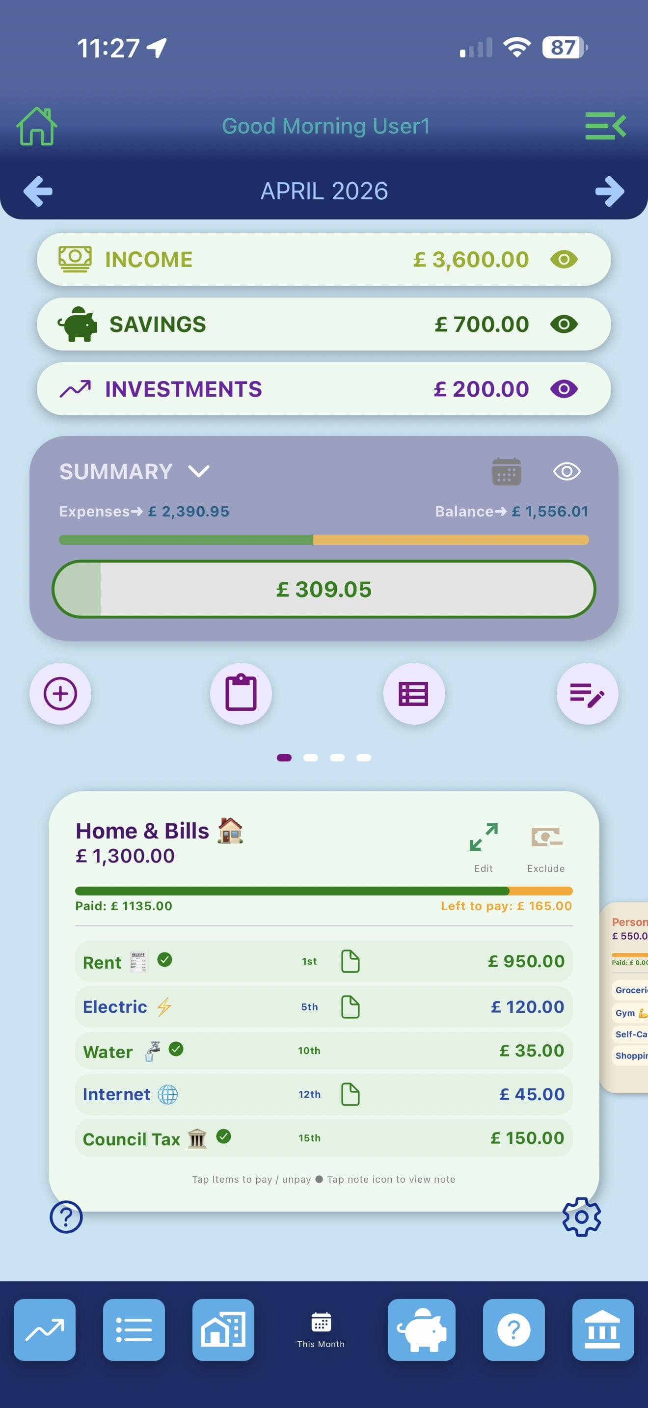 MBA Moolah Budget App April 2026 budget dashboard screen